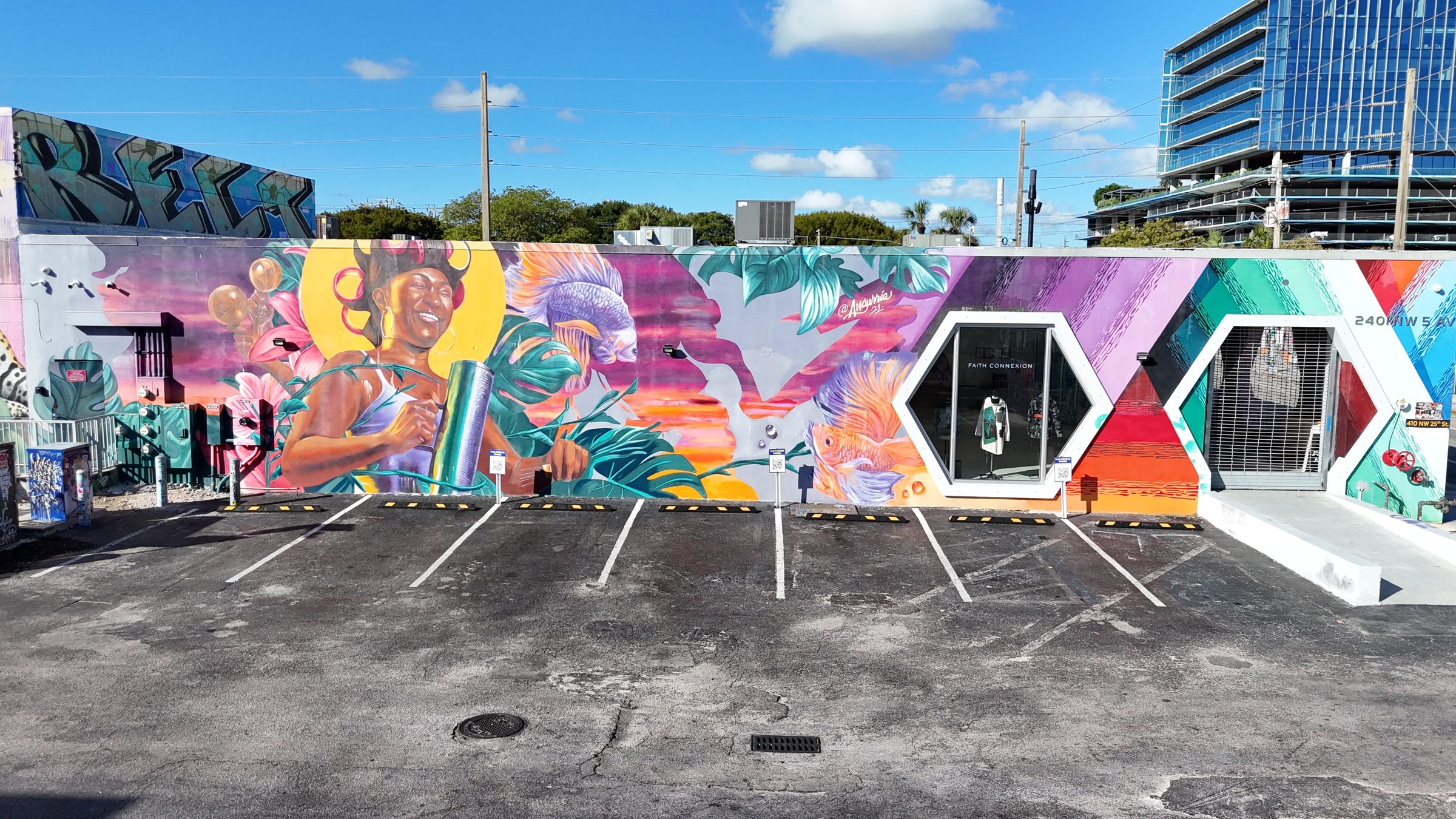 Faith Connexion signage visible from the parking lot at Encore Wynwood