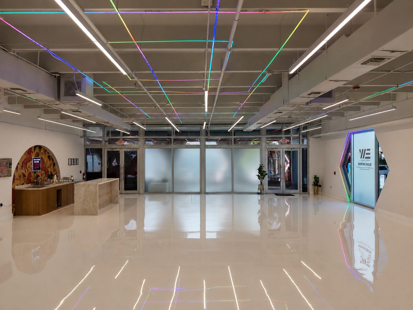 The interior of Encore Wynwood empty, showing the bar and LED entry portal
