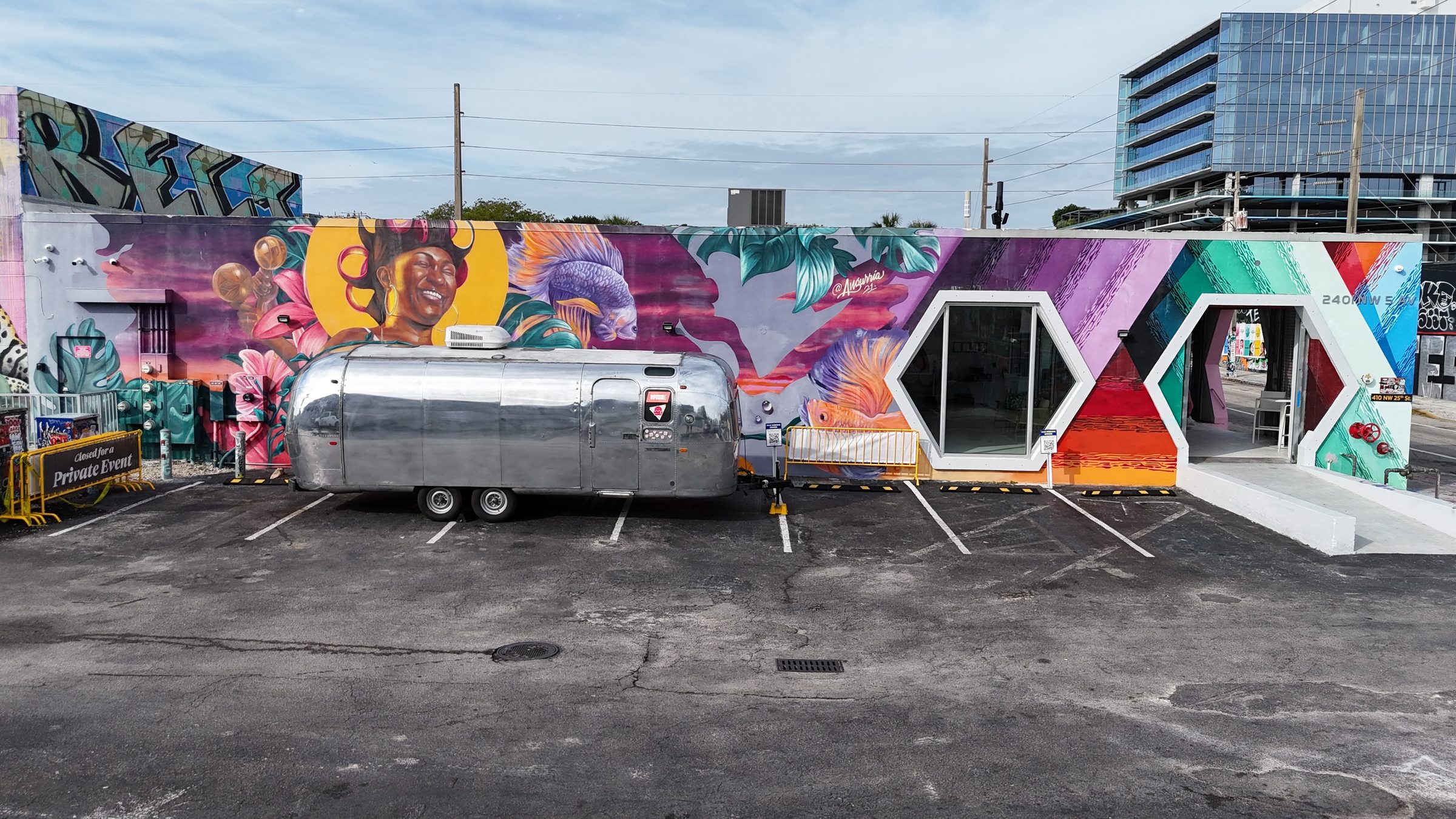 A vehicle activation in the private 5,520 sq ft lot at Encore Wynwood